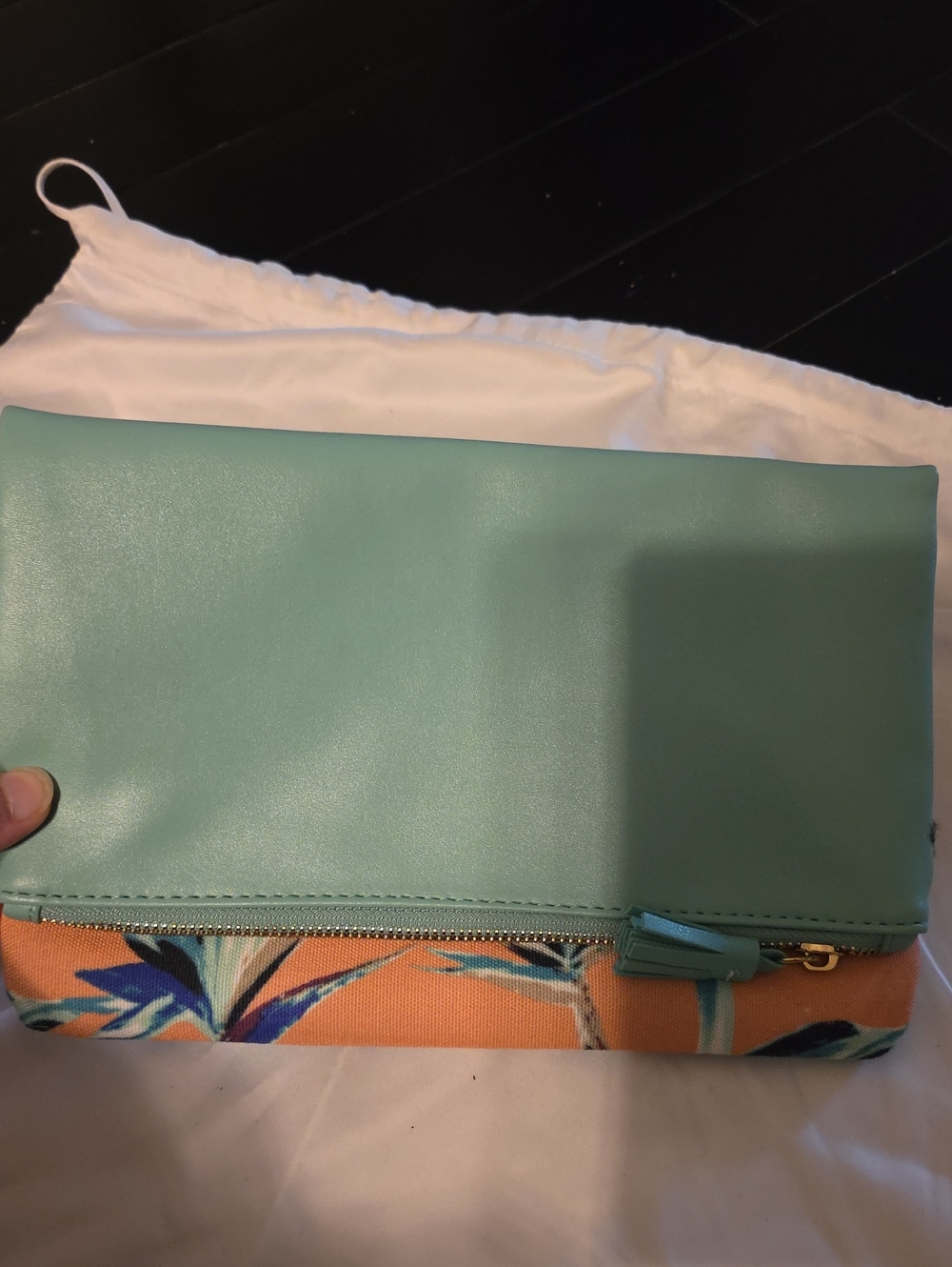 Rachel Pally Teal Fold-Over Clutch with Coral Floral Accent